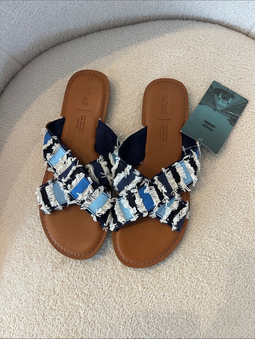 Toms Navy and Light Blue Fringed Crossband Slide Sandals